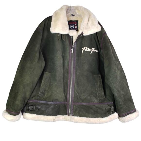 Phat Farm Shearling Lined Aviator Jacket Mens Size 2XL Green Zip Leather Flaw - Picture 2 of 15